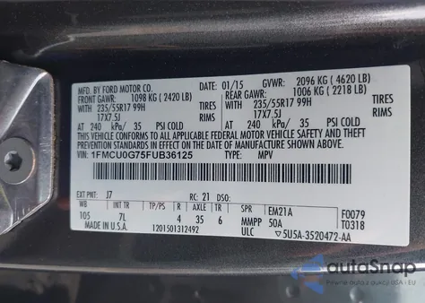 2015 Ford Escape Se z USA, uszkodzony, nr VIN 1FMCU0G75FUB36125